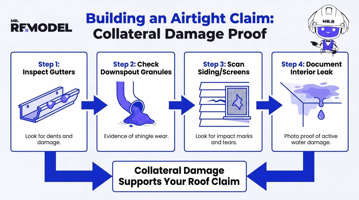A four-step infographic workflow showing how to document collateral damage, such as dented gutters, granule loss, and siding cracks, to support an insurance claim for storm damage.